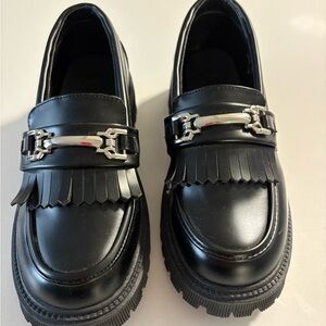Black Fringe Loafers with Silver Hardware